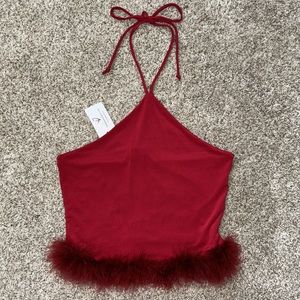 NWT Red High Neck Halter Crop Top w/ Bottom Feather Lining